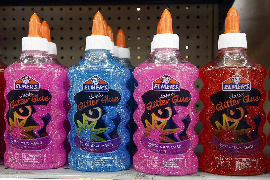 This July 19, 2018, photo shows a display of sparkle Elmer's glue