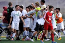 Palo Verde players celebrate their 2-1 victory over Valley in the Division I boys state socc ...