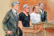 This courtroom sketch depicts from left, attorney Kevin Downing, Lev Parnas, Igor Fruman, and a ...