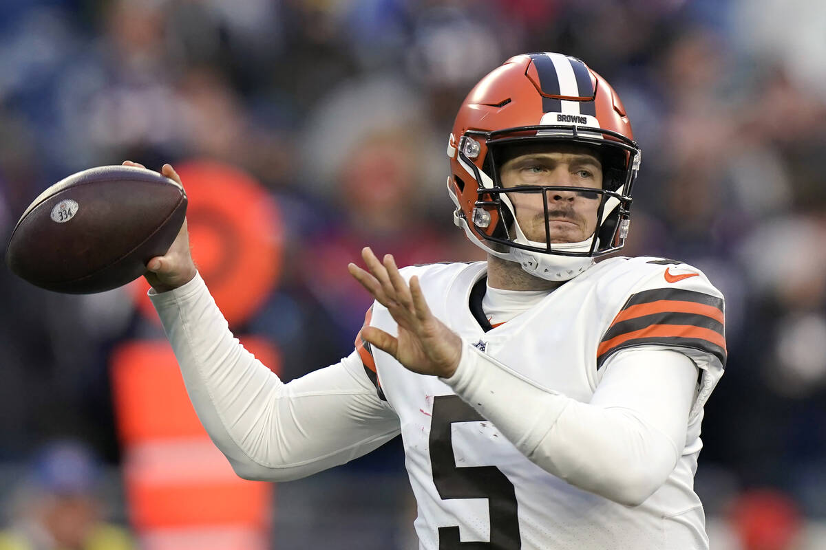 Cleveland Browns backmost   Case Keenum passes during the 2nd  fractional  of an NFL shot   game, ...