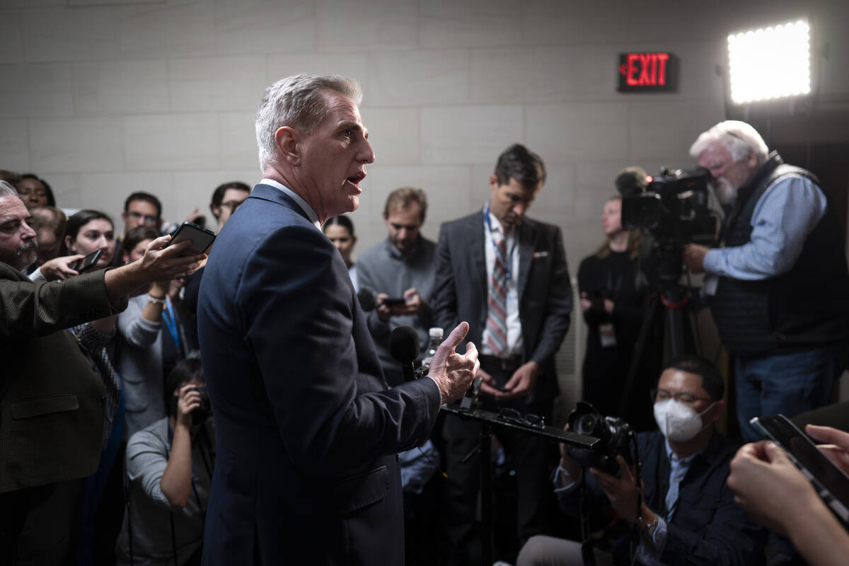 Former Speaker Kevin McCarthy, R-Calif., talks to reporters as House Republicans hold a closed- ...