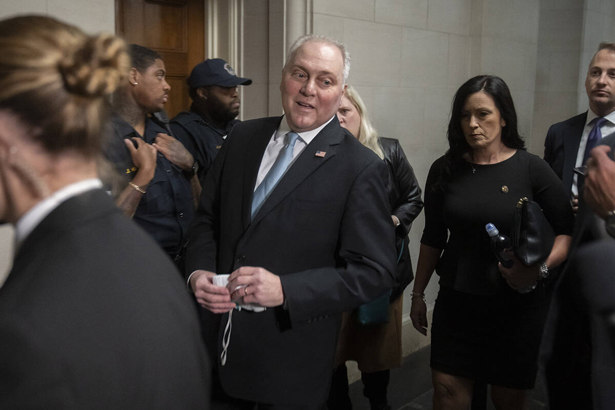 House Majority Leader Steve Scalise of La., speaks to reporters as he arrives for a meeting of ...