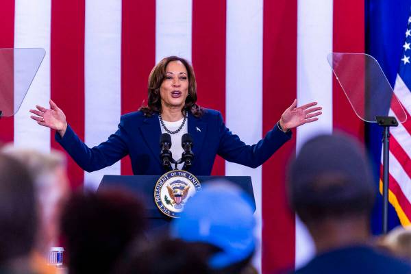 Vice President Kamala Harris speaks keeping the country moving forward about during a rally at ...