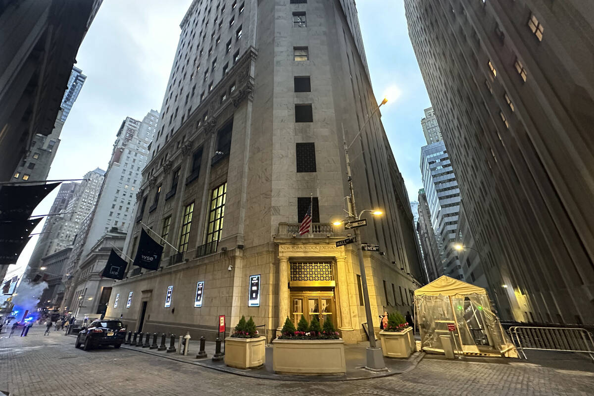 An entrance to the New York Stock Exchange is shown on May 8, 2024, in New York. Shares opened ...