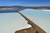Lithium brine evaporation ponds are seen at Albemarle's lithium mine in Silver Peak, Nevada, on ...