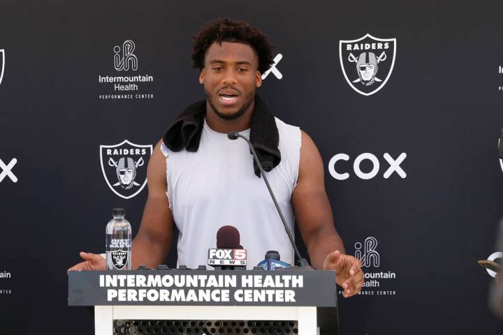 Raiders team's defensive end Malcolm Koonce addresses the media after organized team activities ...